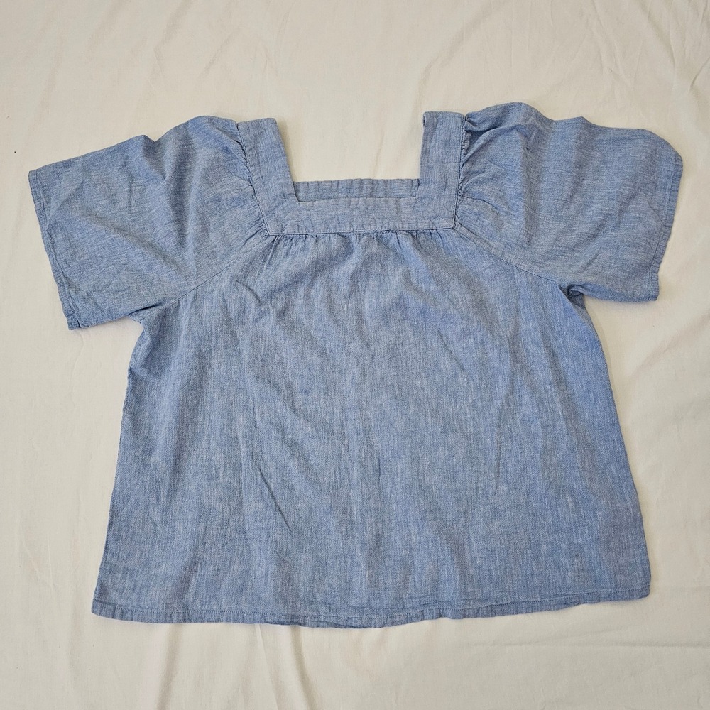 GAP Linen Blend Top Womens Large Blue Square Neck Short Sleeve Boho Retro Y2K